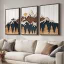 Framed Textured Wood Mountain Wall Art for Living Room, Large 3 Piece 3D Wood Farmhouse Artwork for Walls, Boho Landscape Mountain Forest Sun Wall Art Decor for Bedroom Office Hallway, 24x36 Inch, 24" W x 36" H x 3Pcs