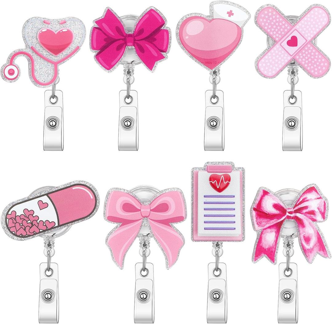 XunYee 8 Pack Pink Bow Nurse Badge Reels Cute Doctor Retractable ID Card Nursing Medical Reels Badge Holder Clip Gifts for RN LPN CNA Nurse Student Teacher Medical Worker Women Office Appreciation