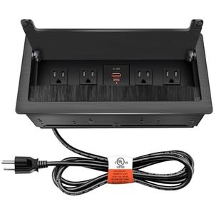 Embedded mesa Power Outlet Box;Conference Table Power Hub; 4 AC TR Outlets, USB-A USB-C PD 20W Fast Charging 6.5FT 16 AWG UL Cable for Office Home - Brushed Black