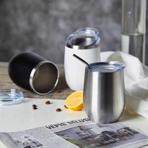 COMOOO Stainless Steel Wine Tumbler with Lid and Straw 12oz Double Wall Vacuum Insulated Wine Tumbler Cup for Coffee, Wine, Cocktails, Champagne (Black/White ,6 Pack)