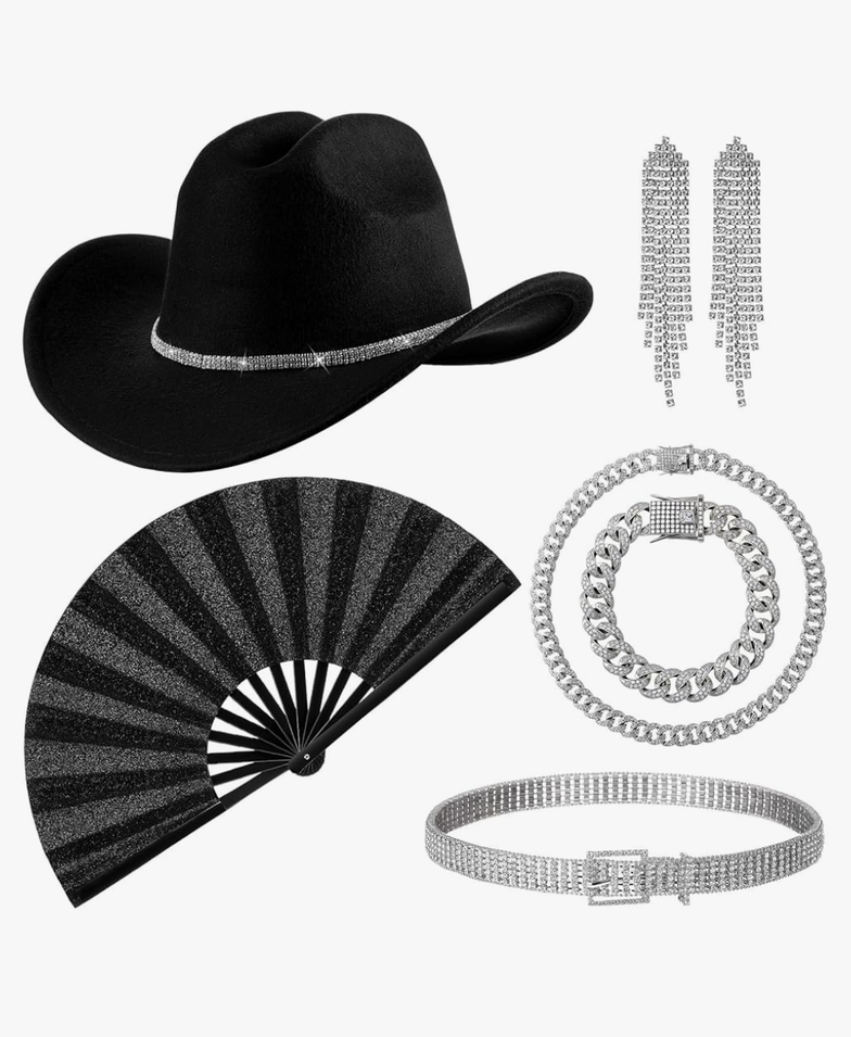 Cowgirl Outfit for Women Rhinestone Cowboy Hat Bling Cuban Necklace Bracelet Earring Belt Folding Clack Hand Fan