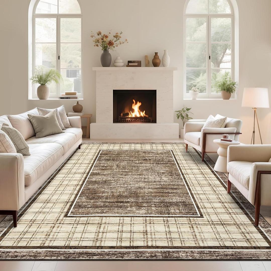 GarveeHome Washable Rug for Living Room 8x10 Modern Checkered Area Rug, Low Pile Soft Rugs for Bedroom, Non Slip Non Shedding Indoor Floor Carpet Stain Resistant Rug, Brown