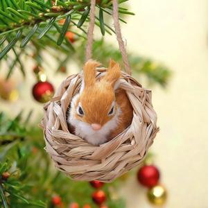 3D Forest Animals Ornaments for Christmas Tree Woodland Furry Animal Ornament Handmade Bird Nest with Plush Animals for Xmas Tree Faux Fur Animal Hanging Decoration Home (4inch Nest & Rabbit)