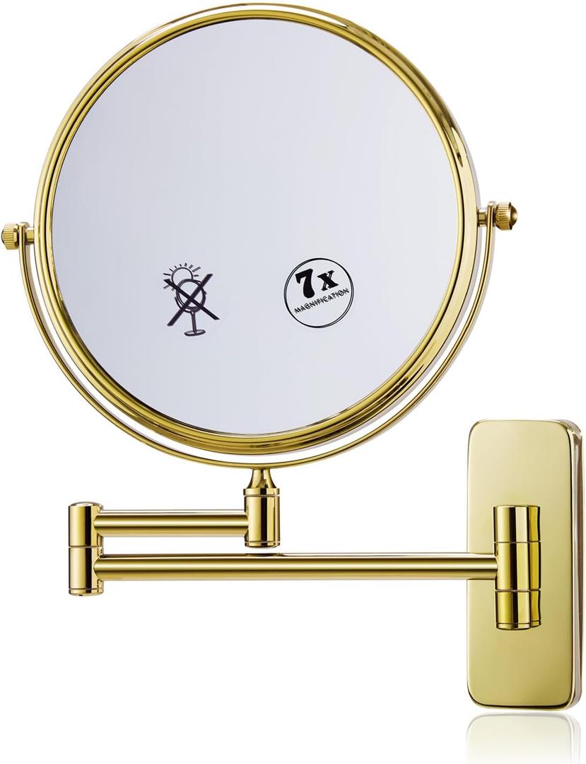 Nicesail Makeup Mirror, Wall Mounted 7X Magnifying Mirror Vanity Mirror for Bathroom, Extendable Swivel, Brass and 304 Stainless Steel Material for Hotel or Home, Shiny Gold Finish (8 Inch, 7X)