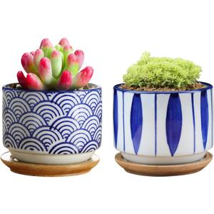 GeLive 3 Inch Ceramic Succulent Planter, Cactus Plant Pot, Flower Container with Bamboo Drip Tray, Indoor Outdoor, Set of 2 (Wave and Blue Flower)