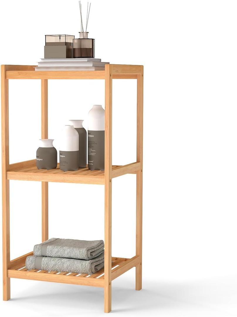 kinbor 3-Tier Bamboo Shelf Freestanding - Space-Saving Bathroom Standing Shelf & Plant Stand, 3 Shelf Bookcase for Kitchen, Living Room, Office (Natural Bamboo, Easy Assembly)