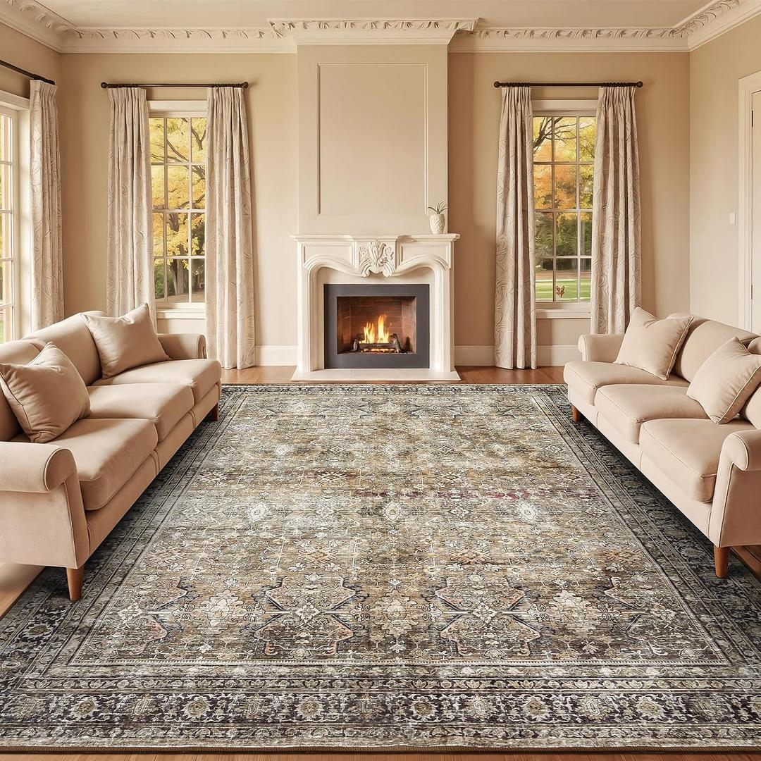 Lofus 9x12 Area Rug for Living Room,Brown Washable Large Rugs with Non-Slip Backing,Soft Neutral Carpets for Bedroom Dining Room Home Office Indoor Nursery