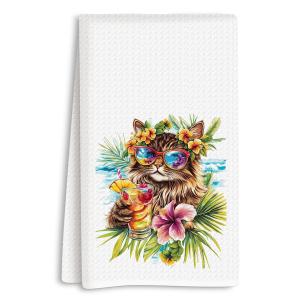 7 x ASDFKVFR Summer Cat Kitchen Towels, Maine Coon Kitchen Towels, Maine Coon Cat Gifts, Gifts for Cats Lovers, Funny Summer Vacation Beach Cats Hand Towel for Home Holiday Bar Bathroom Decor 14x24 Inch