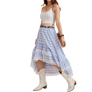 Verdusa Women's Western Cowgirl Lace Skirt Boho Asymmetrical Skirts Country Concert Outfits Blue and White 4X-Large
