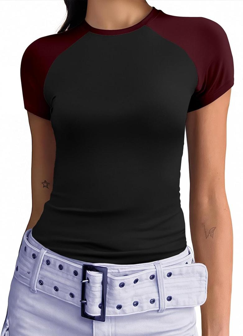 Abardsion Trendy Baby Tees for Women Y2K Shirts Cute Short Sleeve Crewneck Slim Fit Going Out Tops (Medium, Black & Burgundy-sleeve)