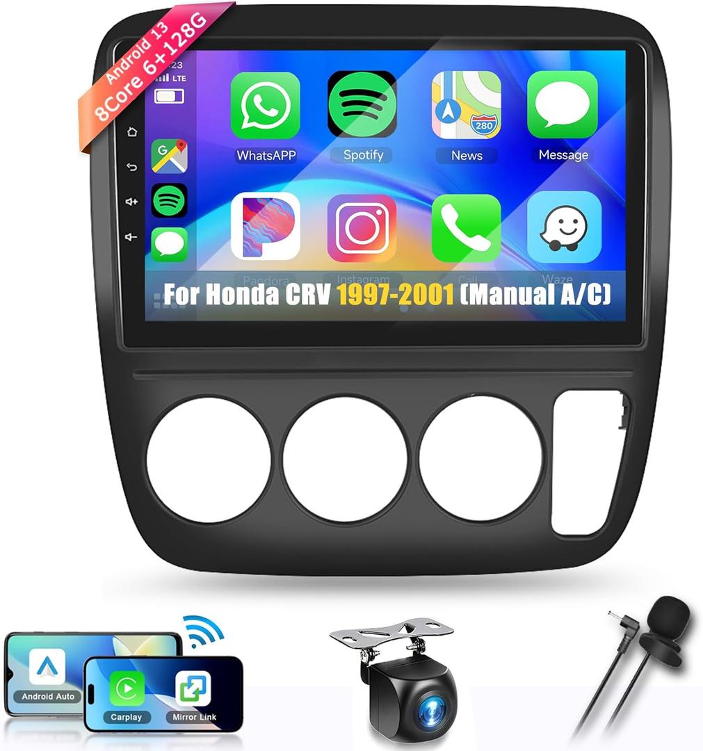 8Core 6+128G Car Stereo for Honda CRV 1997-2001(Manual A/C) Wireless Carplay Android Auto,9 inch 1280 * 720P IPS Touch Screen Radio, Android/GPS/WiFi/32band DSP Audio/Bluetooth/SWC/Backup Camera