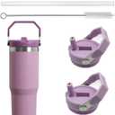 2Pack Replacement Tumbler Lid Fit for Stanley IceFlow 30 oz(Only) Flip Straw Lid, with 2Pcs Reusable Straws,1Pcs Cleaning Brush (Purple)