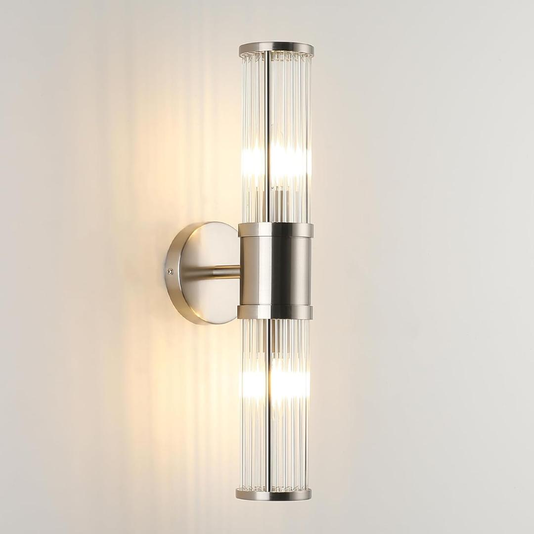Brushed Nickel Bathroom Light Fixture, Industrial Up & Down Wall Vanity Sconce Indoor Farmhouse Glass Rods Bath Vanity Light Mirror Lighting Lamps Wall Mounted E12 Socket(Without Bulbs) (Brushed Nickel-A)