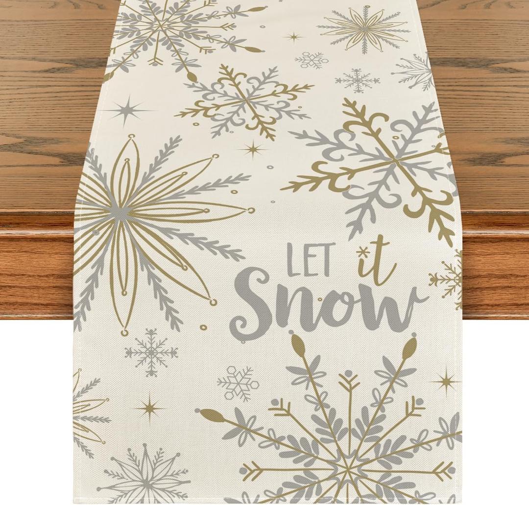 Artoid Mode Beige Snowflake Let It Snow Winter Table Runner, Seasonal Christmas Kitchen Dining Table Decoration for Home Party Decor 13x120 Inch