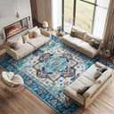 Mueinxiei Washable Vintage Area Rugs 9x12 Large Medallion Pattern Rugs, Non Slip Water Repellent Low Pile Carpet for Living Room Bedroom Dining Room Gemstone Blue
