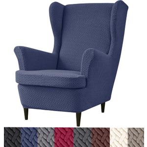 HFCNMY Wingback Chair Slipcover, 2 Piece Stretch Jacquard Wingback Chair Covers Thick Wing Back Chair Covers with Arms Wing Chair Slipcover Wing Back Chair Cover with Elastic Bottom Blue