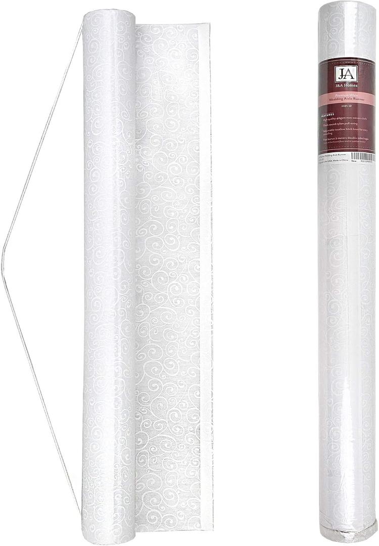 J&A Homes White Wedding Aisle Runner - Professional-Grade Nylon, Includes Tape Double-Sided Adhesive - Disposable Scroll Pattern Runner Great for Indoor or Outdoor Weddings, Prom, Parties, 3' x 50'