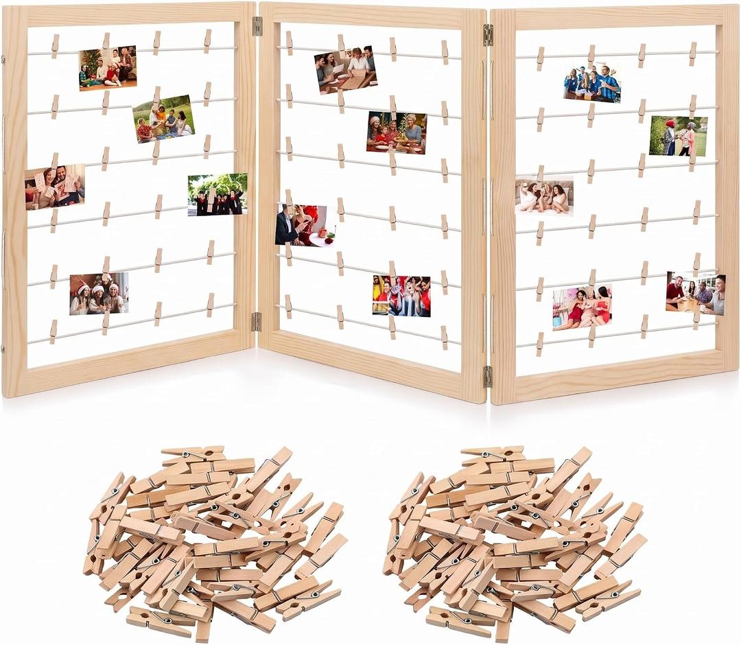 Geelin Photo Display Board with Clip, 3 Panel, Natural Wood, 54 x 24 Inch | Rustic Freestanding Picture Collage Frame, Farmhouse Photo Hanging Display, Christmas Card Display Stand, for Holiday Decor