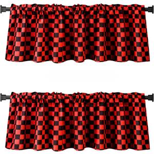 WOSIBO 2 Pack Checkered Plaid Windows Valances Retro Checkerboard Valance Curtains 16" x 56" Farmhouse Design Window Treatment Rod Pocket Valances for Kitchen/Living Room (Red and Black)