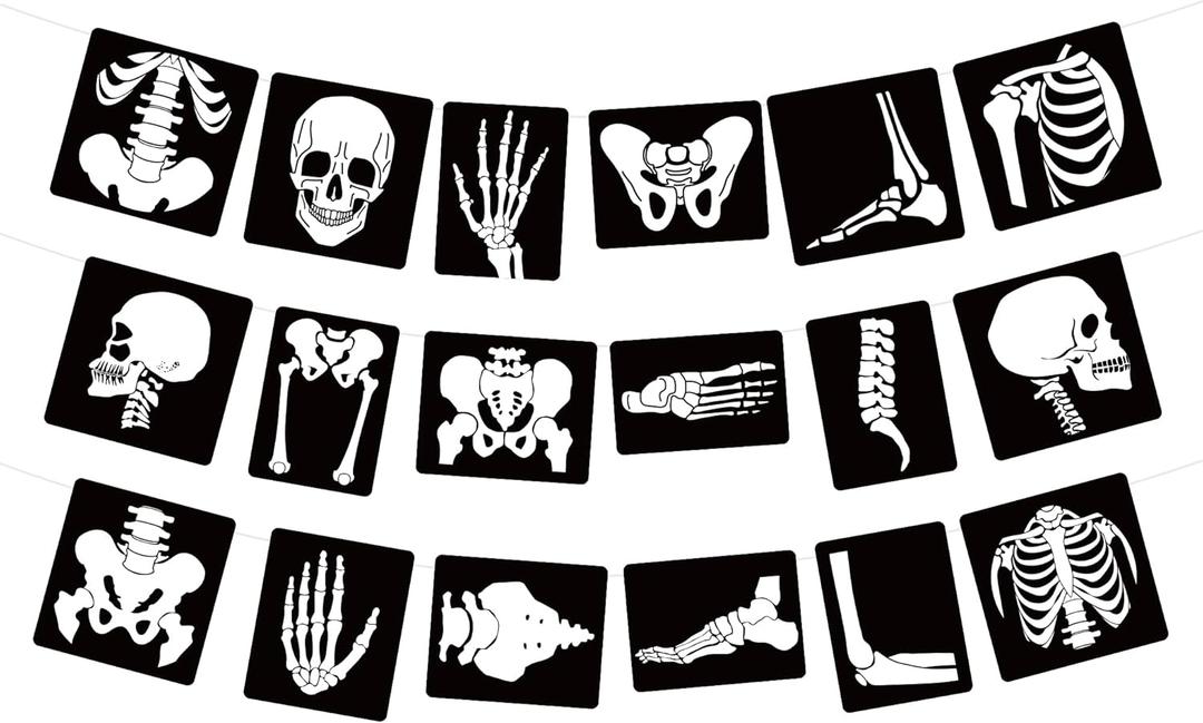 X-ray Radiology Party Decorations - 3 Pcs Xray Rad Tech Skeleton Skull Bone Banner Garland, X Ray Medical Decor Doctor Nurse Party Supplies for Halloween Birthday School Black White