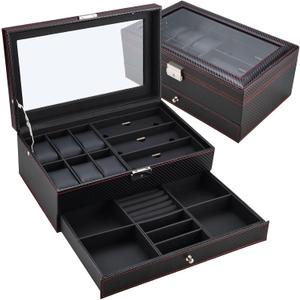 NovelBee Double Layer Watch Jewelry Boxes for Men Women,6 Slots Watch Boxes,3 Grids Eyeglasses Sunglass Organizer with Drawer,2-layer Jewelry Display Organizer Case For Earrings,Rings,Bracelets