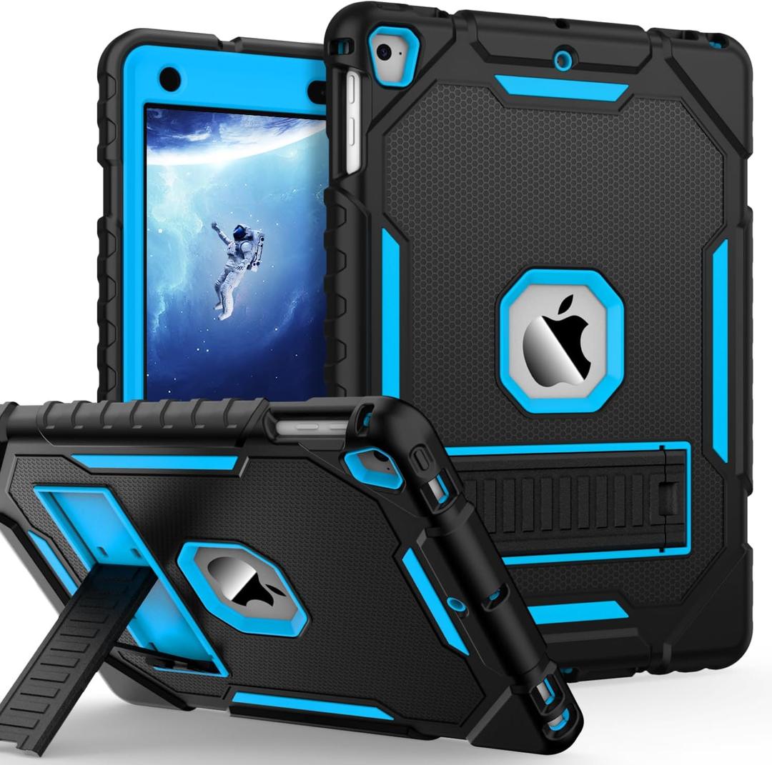 9.7" Case for iPad 6th/5th Generation 2018/2017, Air 2/Air 1st/Pro 9.7, Heavy Duty Shockproof Protective Cover with Built-in Stand for iPad 6/5 Gen (Black+Blue)