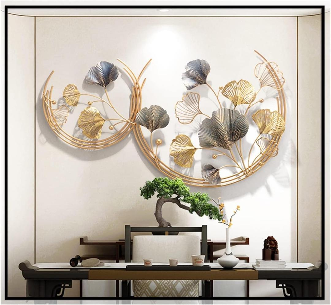 CDDUOLA 3D Room Wall Decor, Handmade Art Metal Round Golden Ginkgo Leaf Decorative Wall Sculpture for Home Living Room And Bedroom, Pack of 2 (43.3L" x 26.4W")