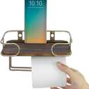 MyGift Modern Wall Mounted Toilet Paper Holder, Vintage Brass Tone Metal Bathroom Tissue Roll Storage and Rustic Burnt Solid Wood Shelf with Phone Stand