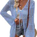 AI'MAGE Womens Kimono Beach Cover Up Crochet Swimsuit Coverups Summer Loose Knit Cardigans Causal Blouse Tops Swimwear Clear Blue M