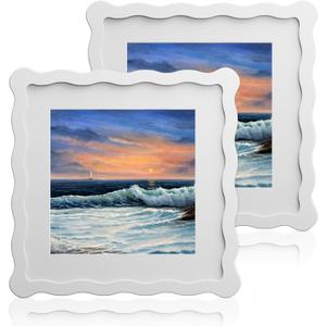 8X8 Wavy Picture Frame With Mat For 6X6, Wavy Edge Wooden Picture Frame with Real Glass - Wall Mount and Tabletop Display, White, 2 Pack