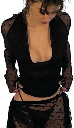 GIYKBX Womens Polka Dots Mesh Sexy Sheer Long Sleeve Deep V Neck Tie Up Blouse Shirt Crop Tops, Size M