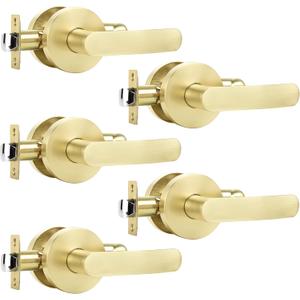 Leydebong 5 Pack Passage Door Handles, Light Satin Brass Door Knobs Interior, Hallway Closet Door Levers Keyless Gold Door Handle, Heavy Duty Round Door Handle Set for Left or Right Handed Doors