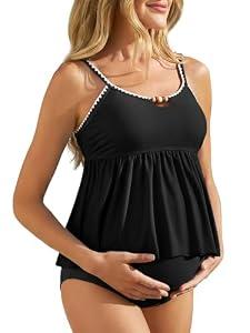 Summer Mae Maternity Two Piece Swimsuit Tankini Ruffle Hem Bathing Suit Shell Stitched Bead Boho Pregnancy Swimwear for Beach Black 12