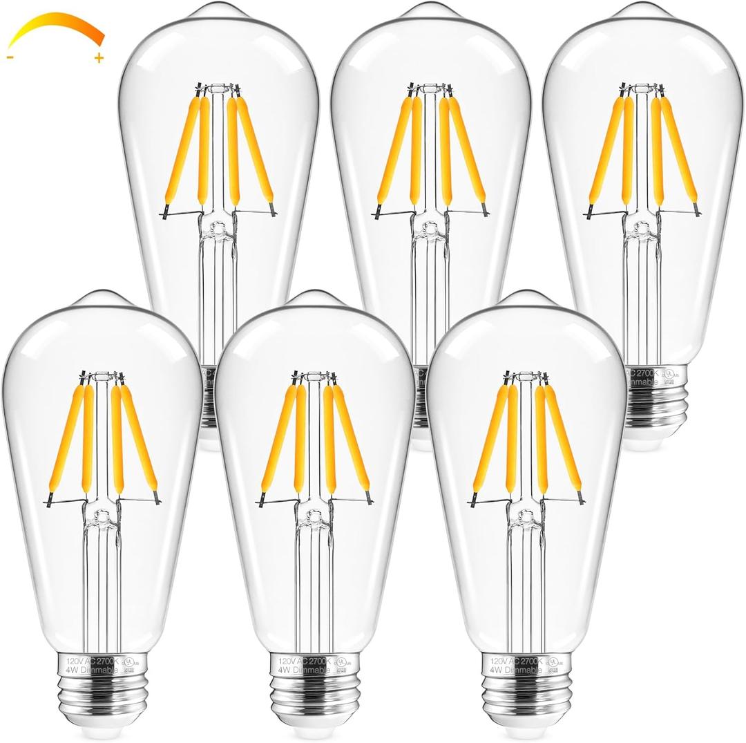 Hizashi Edison Bulbs 40 Watt LED Dimmable, E26 LED Bulb 2700K Warm White, ST58/ST19 Vintage Light Bulbs, UL Listed, 4W 450lm 95+CRI E26 Base, Clear Glass, Pack of 6
