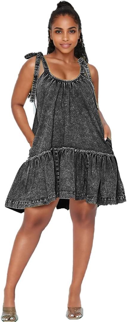 Women Denim Cami Dress Tie Shoulder Ruffle Hem Short Dresses Babydoll Wash Jean Sundress with Pocket, Gray, Small