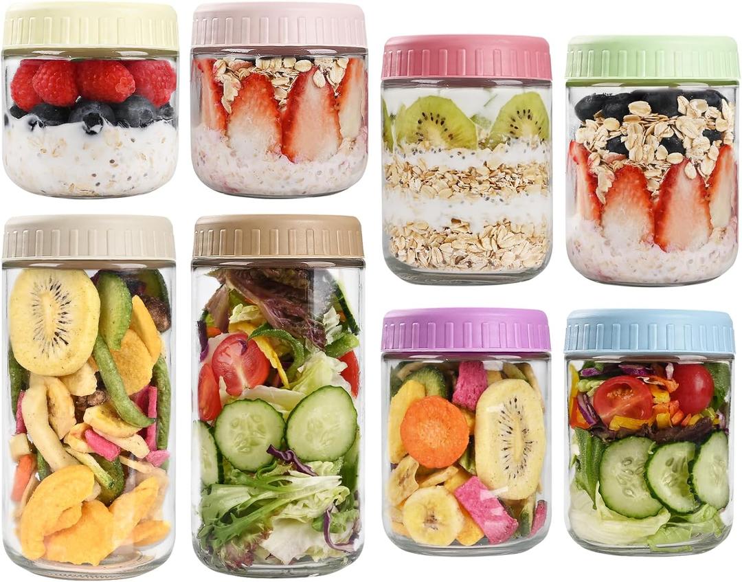 SHOWIN Overnight Oats Containers with Lids, Glass Jars with Lids 8 pcs, Wide Mouth Mason jars for Salad, Yogurt, Snacks, Meal Prep