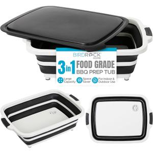 BIRDROCK HOME Collapsible Large BBQ Prep Tub w/Cutting Board, Multi-Function Grill Caddy w/Colander & Lid, Portable Silicone Dish Bowl for Picnic, Tailgate, Camping - Black