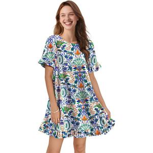 YESNO Summer Dresses for Women 2026 Floral Boho Ruffle Short Sleeve Sundresses Casual Shift Dress ESA, XL