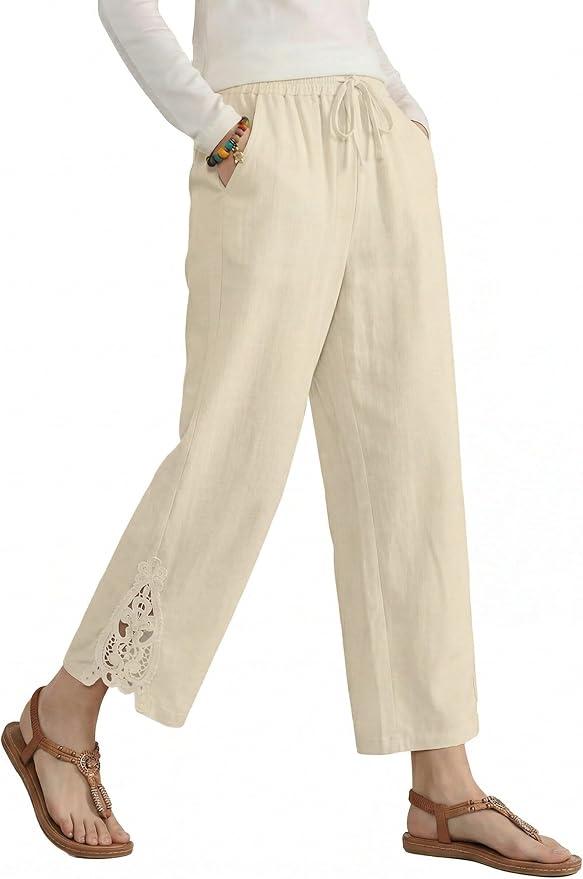 Auravista Women Casual Lightweight Drawstring Elastic Waist Pants with Pocket Linen Capri Pants Summer Beachwear White, M
