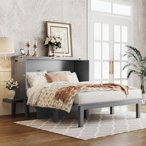 Merax Murphy Bed Queen Size with USB Port and Slide-Out Shelves on Each Side, 2-in-1 Foldable Bed Frame Cabinet Desk for Bedroom Guest Room Living Room (Gray) (Grey)