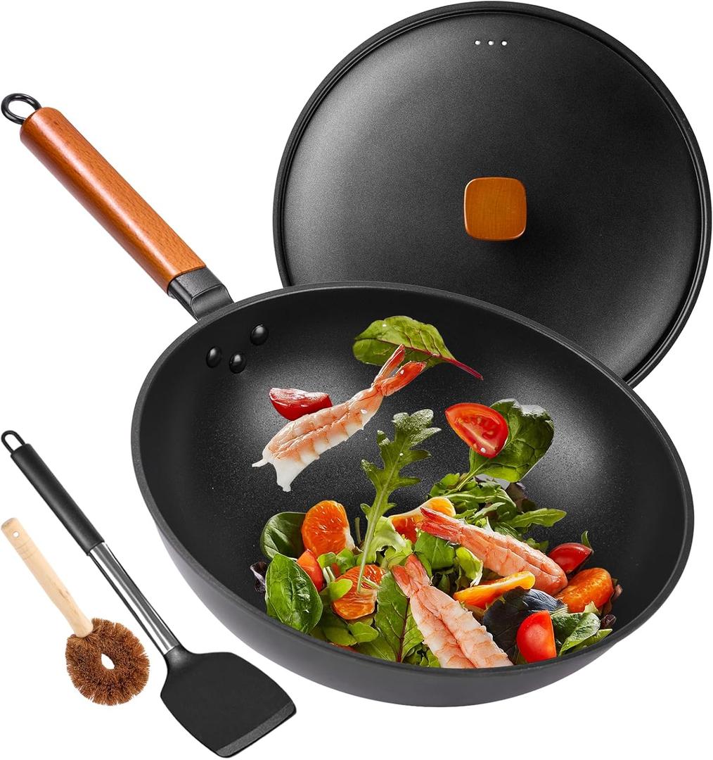 Carbon Steel Wok Pan - 13" Woks & Stir-Fry Pans Nonstick with Spatula: Flat Bottom Wok for Electric, Induction and Gas Stoves
