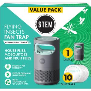 STEM Flying Insect Fan Trap for Indoor Bug Control, Attracts Mosquitoes, Fruit Flies, and House Flies, Plug-in Fan with UV Light, Starter Kit Includes 1 Device and 10 Glue Traps