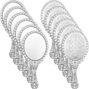 Qunclay Vintage Handheld Mirror Embossed Portable Hand Mirror with Handle for Small Compact Travel Makeup(Silver,12 Pcs)