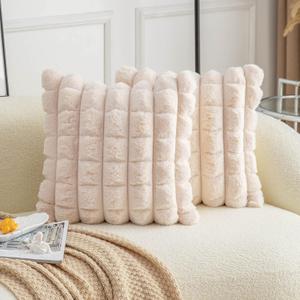 Neelvin Beige Faux Fur Cozy Soft Plaid Decorative Throw Pillow Covers 18x18 inch Set of 2,Velvet Pillowcase Cushion Case for Sofa Couch