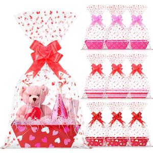 12 Sets Valentines Day Gift Basket Empty with Heart Printed Cellophane Basket Bags, Cardboard Valentine Gift Basket Empty to Fill with Bows Ribbons for Valentines Day Wedding Anniversary Party