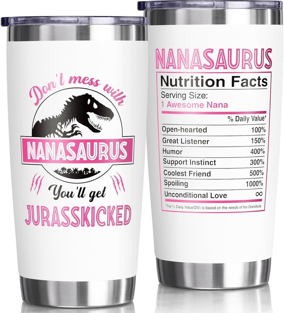 Best Nana Gifts Mothers Day Gifts from Granddaughter, Grandson, Grandkids, Grandchildren, 20 OZ Tumbler Unique Nanasaurus Birthday Gift for Grandma Grandmother Gigi New Nana Grandparents Insulated Cup