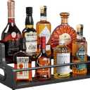 KLM Liquor Bottle Display Shelf, Coffee Syrup Rack Organizer, 2 Step Countertop Liquor Wine Rack, Mini bar,Liquor Cabinet, Home Retro Bar Shelf Stand for Liquor Whiskey, Spirits, (Black)