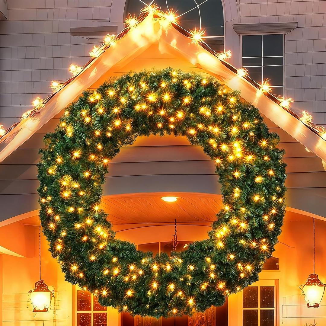 60 Inch Large Prelit Christmas Wreath with 300 Warm White String Lights 8 Lighting Modes Artificial Outdoor Indoor Xmas Wreath with 850 PVC Tips for Giant Home Front Door Wall Window Decorations