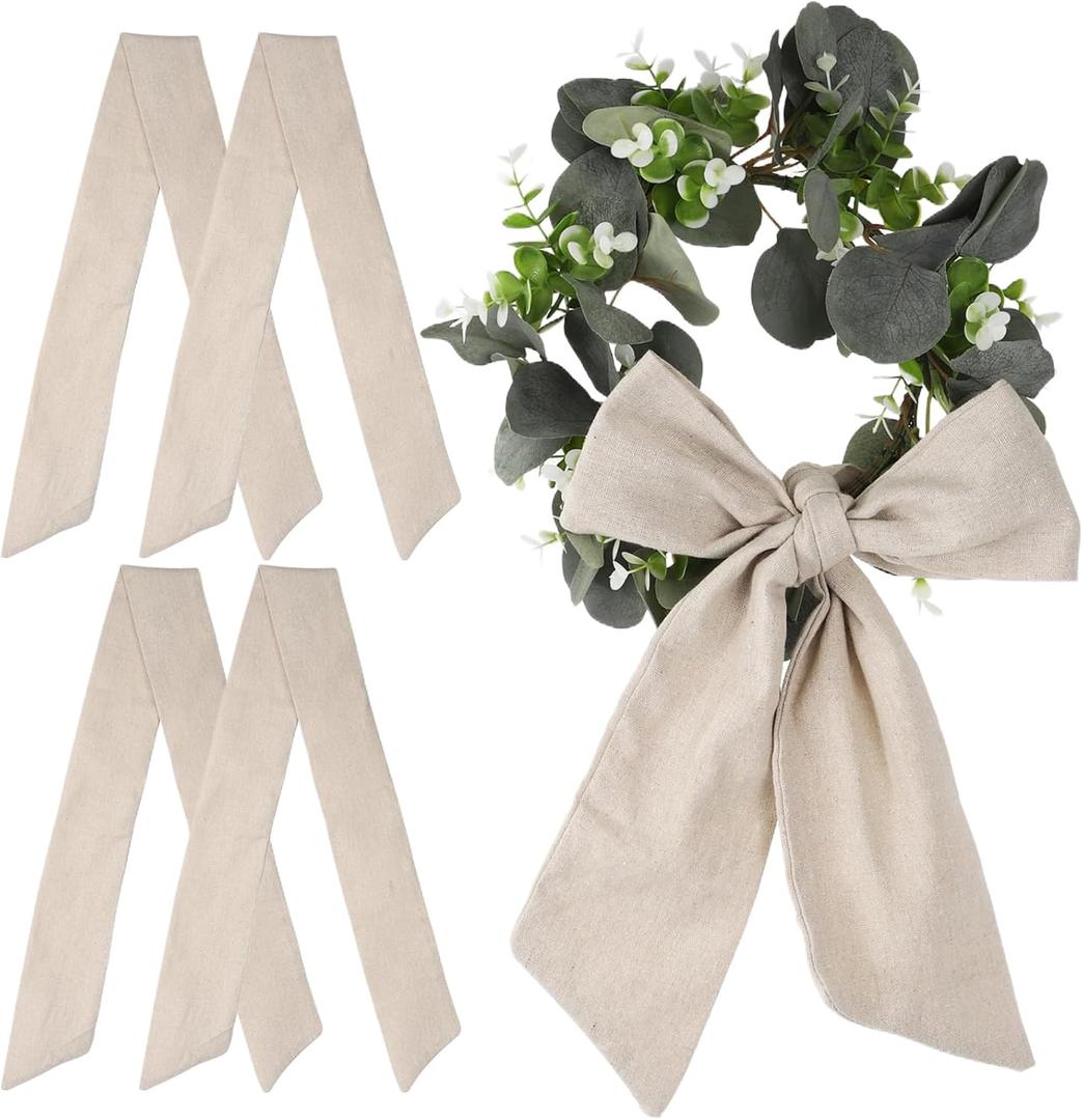 4 PCS Wreath Sash for Front Door, Linen Wreath Sash Garland Porch Decor, Neutral Fabric Sash for Window Wreaths, Long Hanging Ribbon for Holiday Garland, All-Season Decorative Wreath Accent