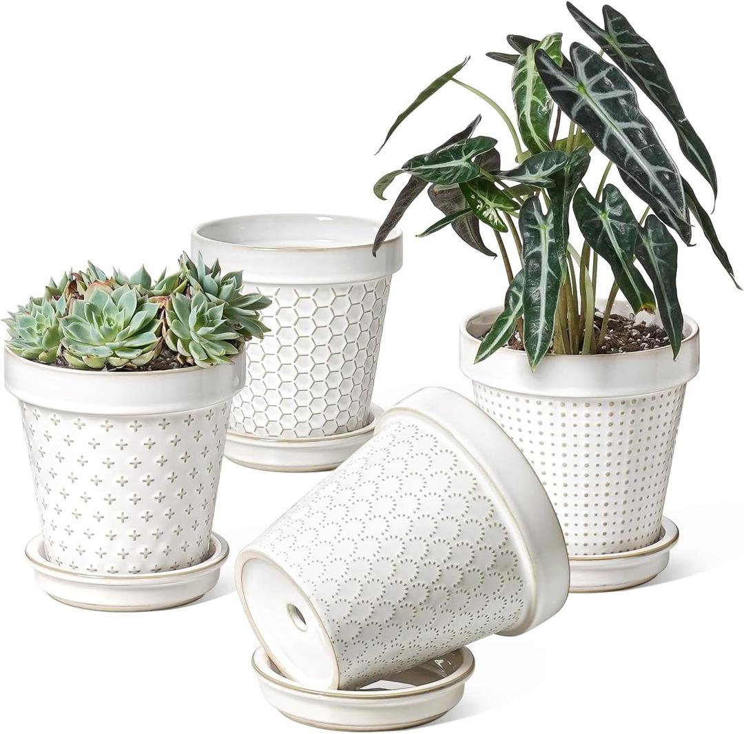 LE TAUCI Ceramic Plant Pots, 6 Inch Flower Pots with Drainage & Saucer, Embossed Planter Pots for Indoor Plant Succulent, Orchid, Cactus, Home Decor - Set of 4, Arctic White